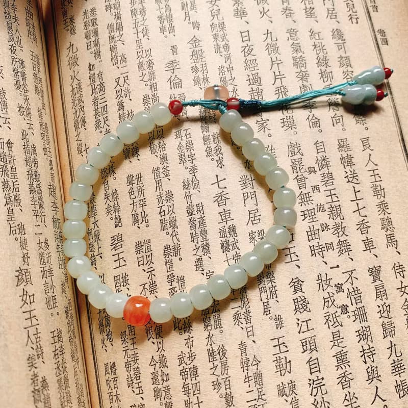 落瓷盤。天然晴水和田玉復古手鏈 飄花南紅翡翠葫蘆古典抽繩手串