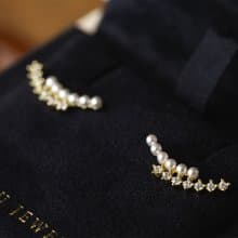 Luna 雙弧形鋯石珍珠耳環 925純銀鍍18k金