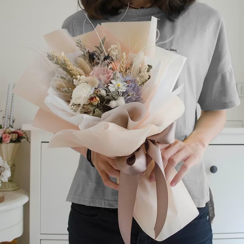 畢業花束 微甜栗粉 法式田園風永生花束 乾燥花束