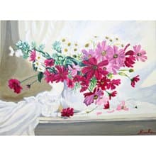 瓶中插著粉紅色大波斯菊的花束 花卉靜物 RinaArtSK 原創藝術作