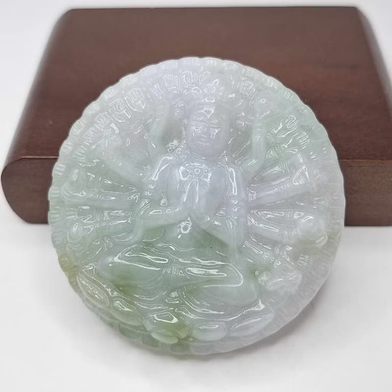 冰潤三彩千手觀音吊墜 | 天然緬甸玉A貨翡翠