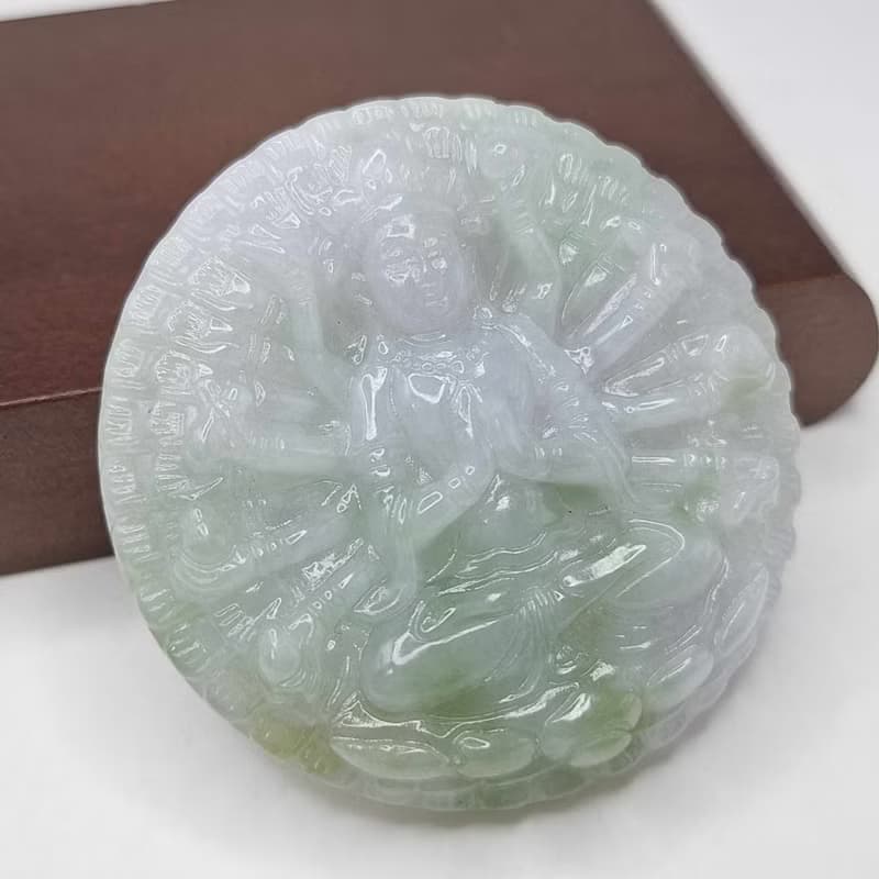 冰潤三彩千手觀音吊墜 | 天然緬甸玉A貨翡翠