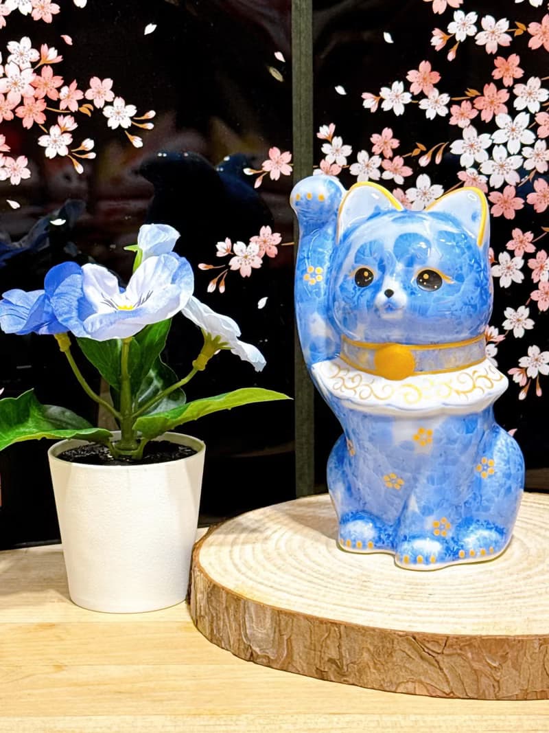 【青花富貴】日本清水燒招財貓 | 青体花 億万両
