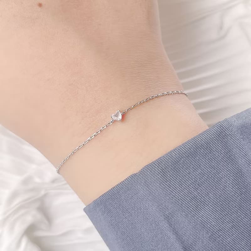 粉晶925純銀心形寶石爪鑲手鍊