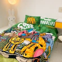 涂鴉系列綠色棋盤格床單款100%棉寢具四件套宿舍男生可用