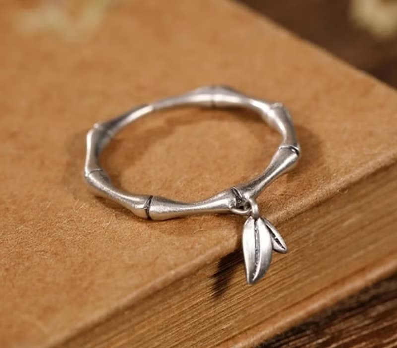 Thai Silver Ethnic Bamboo Rings for Women Leaves Charms Solid 925 Silver Rings