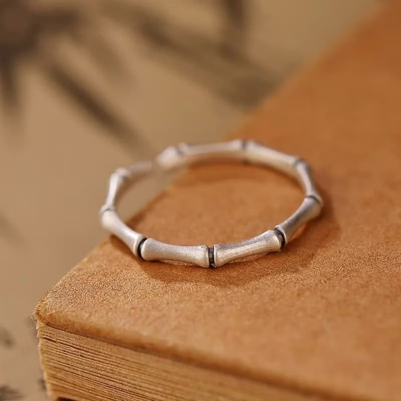Thai Silver Ethnic Bamboo Rings for Women Leaves Charms Solid 925 Silver Rings