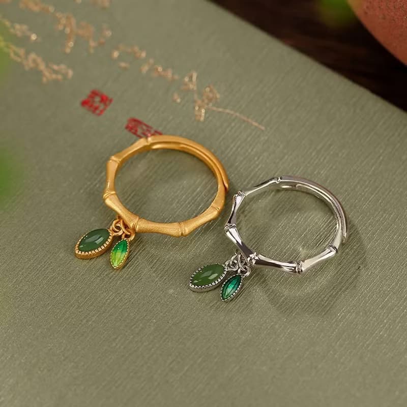 Thai Silver Ethnic Bamboo Rings for Women Leaves Charms Solid 925 Silver Rings
