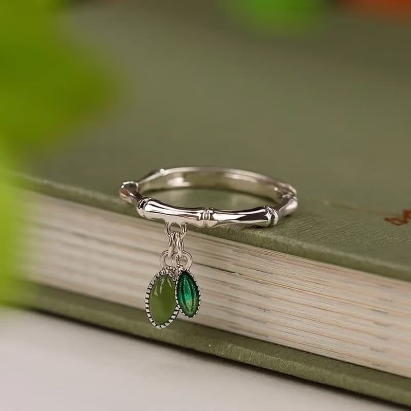 Thai Silver Ethnic Bamboo Rings for Women Leaves Charms Solid 925 Silver Rings