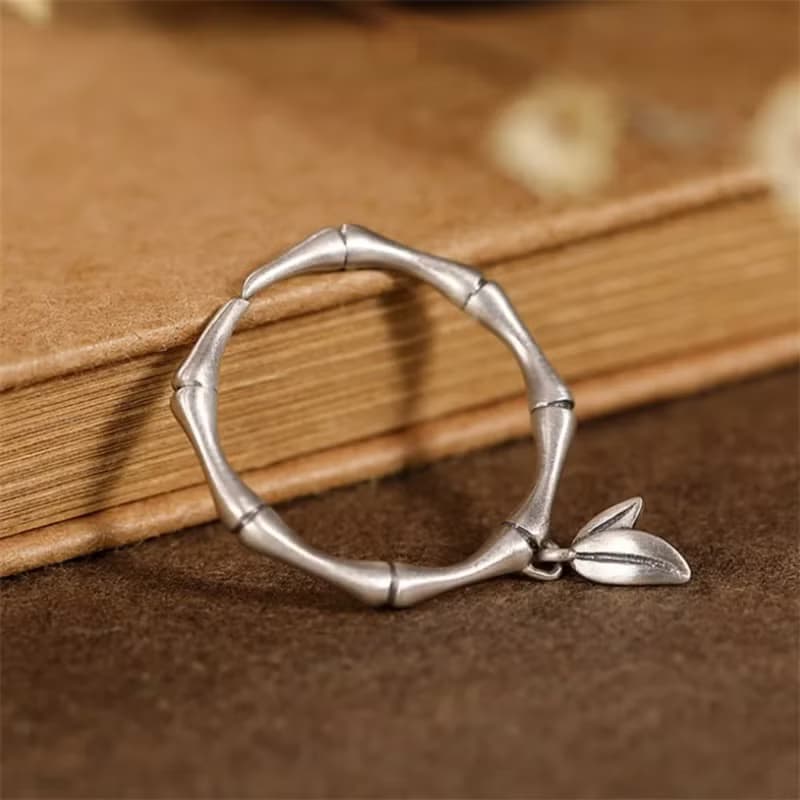 Thai Silver Ethnic Bamboo Rings for Women Leaves Charms Solid 925 Silver Rings