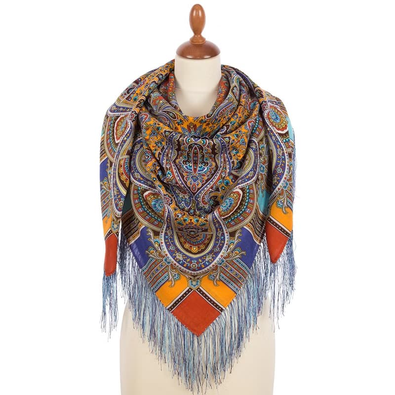 Pavlovo Posad Russian Shawl 100% Wool Scarf 125x125 cm Wrap Silk Fringe 1943-52