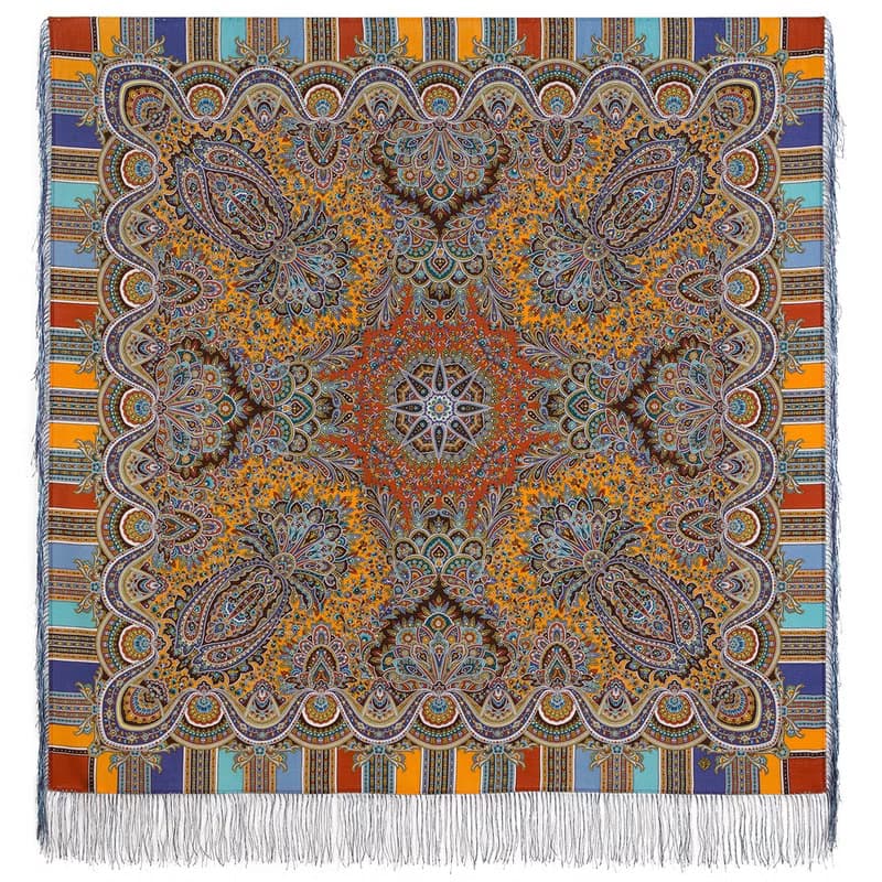 Pavlovo Posad Russian Shawl 100% Wool Scarf 125x125 cm Wrap Silk Fringe 1943-52