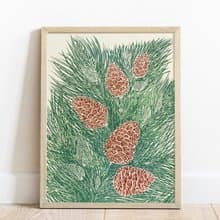 Linocut print Green and brown cones neutral pine tree wall art Original artwork