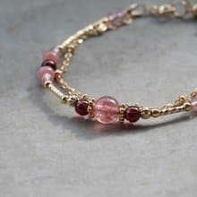 泛紅 - 14K包金 草莓晶 / 紅石榴 / 紅紋石 雙鍊手鍊