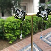 手織立體花耳環 禮物 多種戴法 Swarovski 防敏 黑色