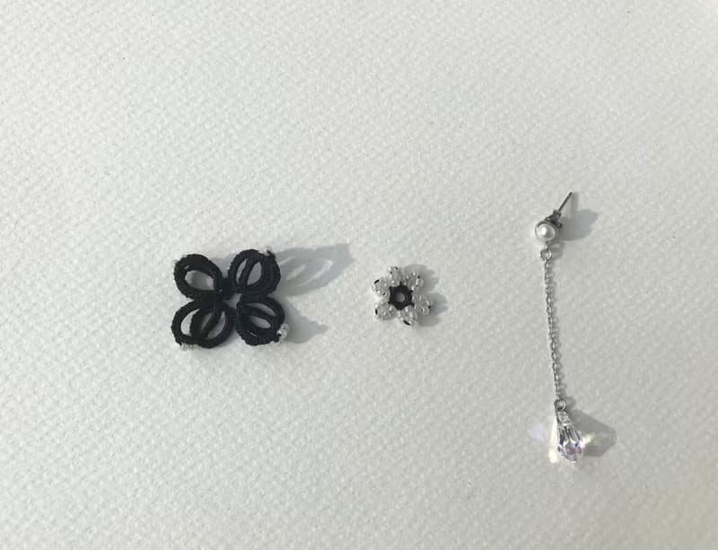 手織立體花耳環 禮物 多種戴法 Swarovski 防敏 黑色