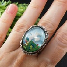 White Dove Bird Adjustable Ring Sky Blue Green Large Silver Boho Ring Jewelry