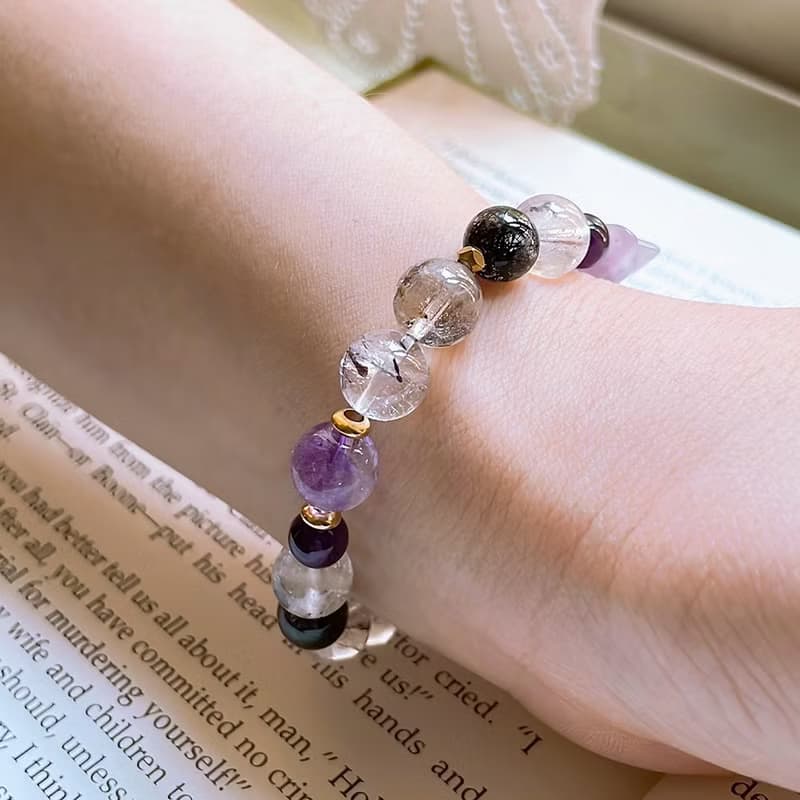 天蝕交響│彩色超七水晶 黑髮晶 紫水晶 手鍊【守護轉運】