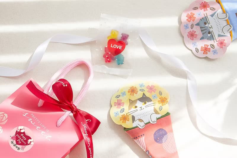 情人節禮物推薦 送禮組合禮袋C款 日本貓咪花束手巾+LOVE牽手小熊