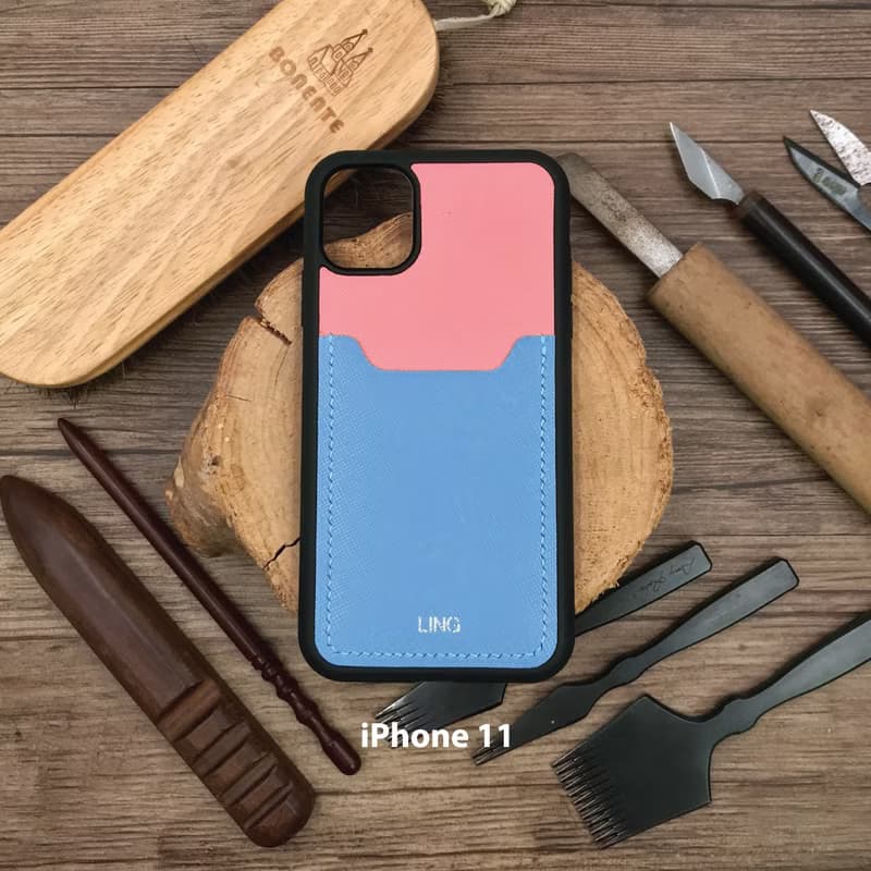 【iPhone咭位手機殼】粉紅色十字紋牛皮/防摔全包覆/悠遊卡套