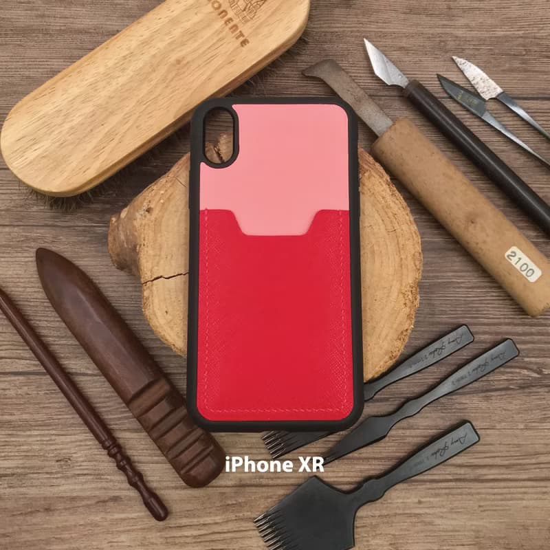 【iPhone咭位手機殼】粉紅色十字紋牛皮/防摔全包覆/悠遊卡套