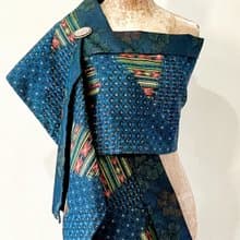 純手作/日本古董正絹藍橘色塊絲質花朵織布圍巾披肩