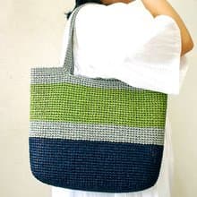 經典拼色拉菲草鉤織袋-橄欖綠+灰+墨藍