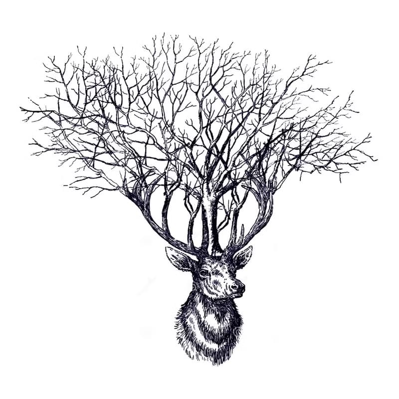 Deer Tree 中性短袖T恤 軍綠色 鹿樹動物文青禮物北歐聖誕交換
