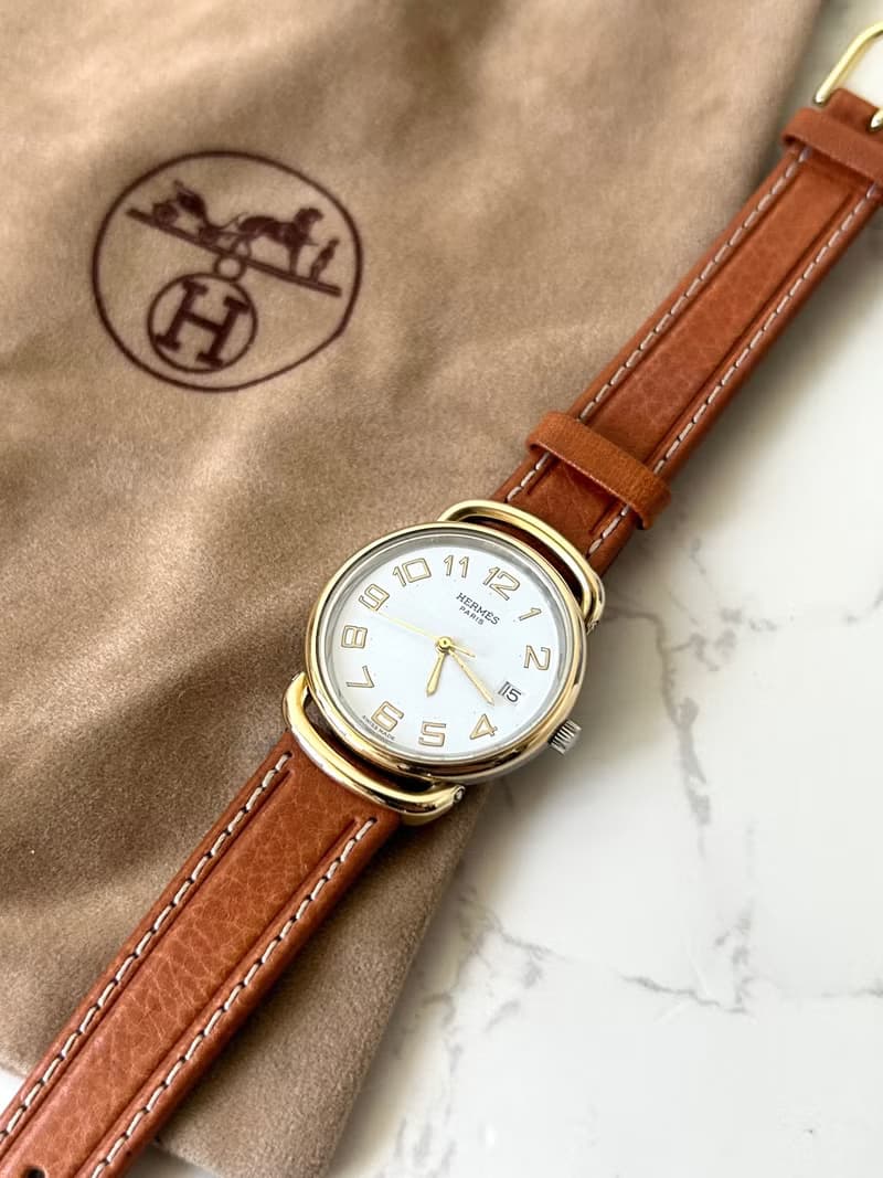 中古二手Hermes Pullman金銀扣咖啡色皮帶男女裝古董錶手腕錶