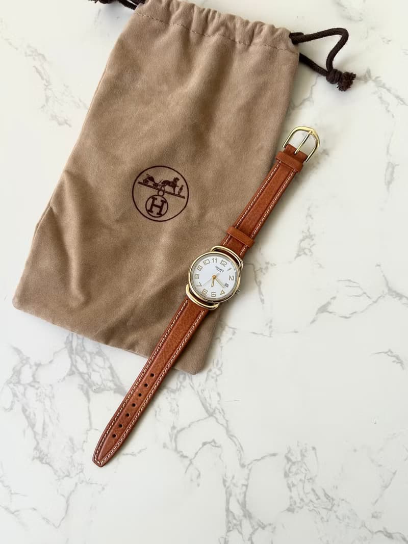 中古二手Hermes Pullman金銀扣咖啡色皮帶男女裝古董錶手腕錶