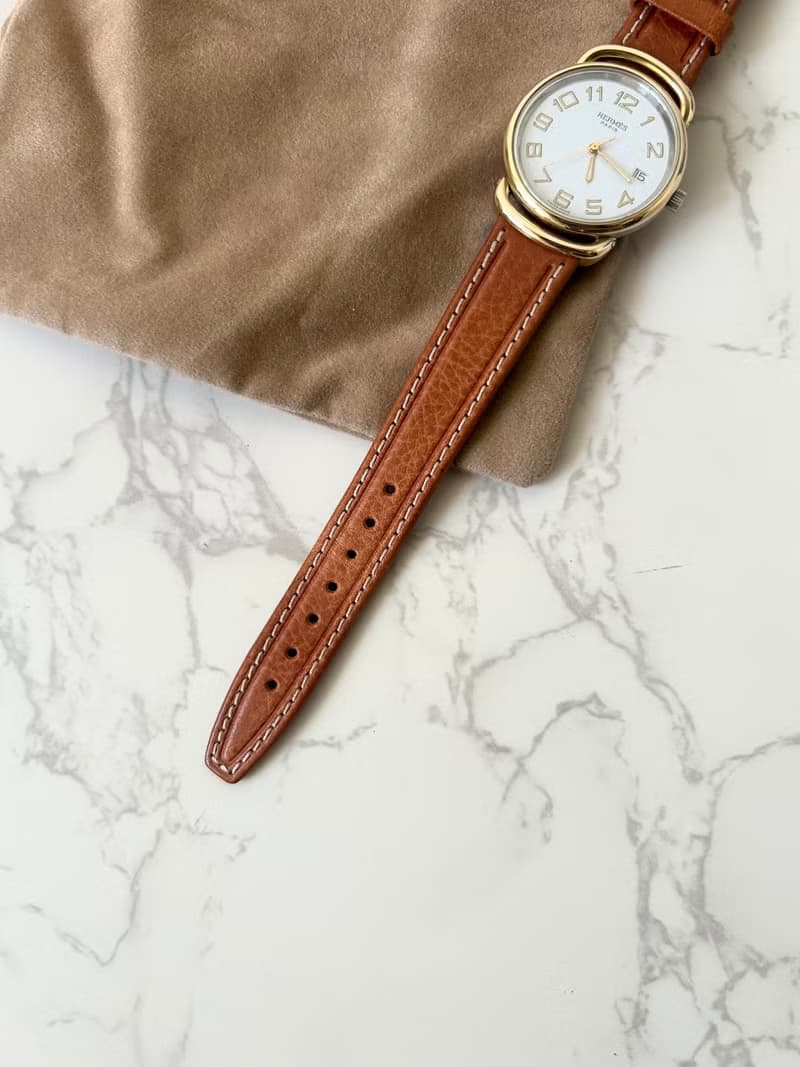 中古二手Hermes Pullman金銀扣咖啡色皮帶男女裝古董錶手腕錶