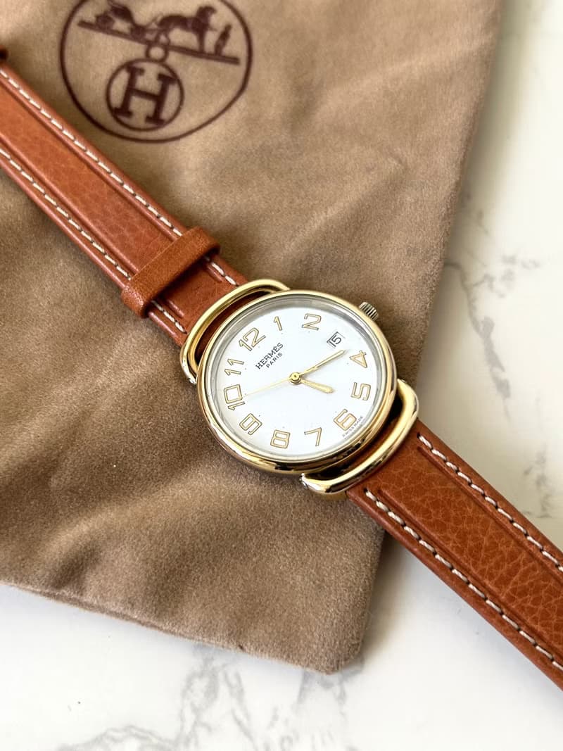 中古二手Hermes Pullman金銀扣咖啡色皮帶男女裝古董錶手腕錶