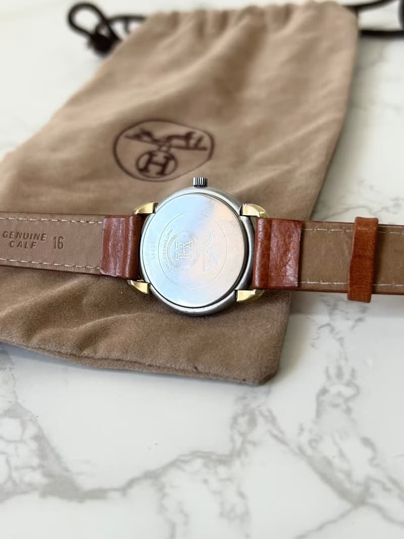 中古二手Hermes Pullman金銀扣咖啡色皮帶男女裝古董錶手腕錶