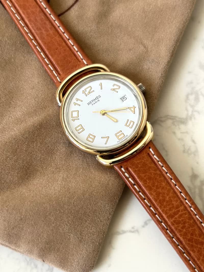 中古二手Hermes Pullman金銀扣咖啡色皮帶男女裝古董錶手腕錶