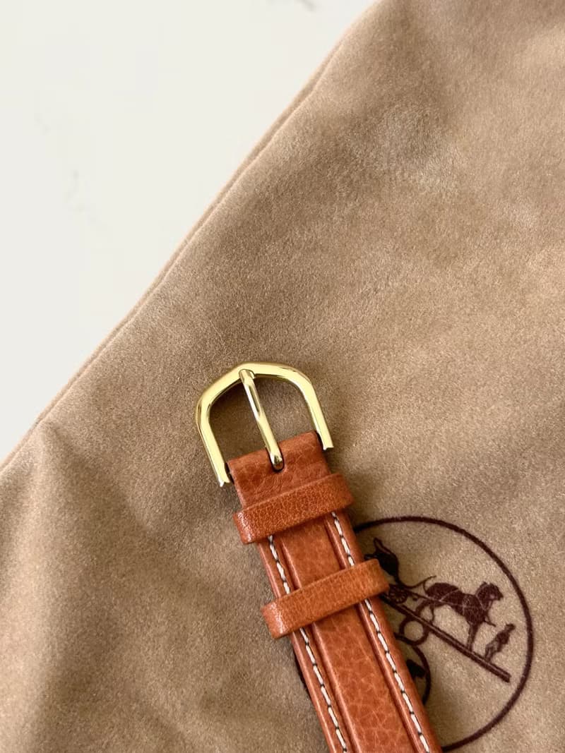 中古二手Hermes Pullman金銀扣咖啡色皮帶男女裝古董錶手腕錶