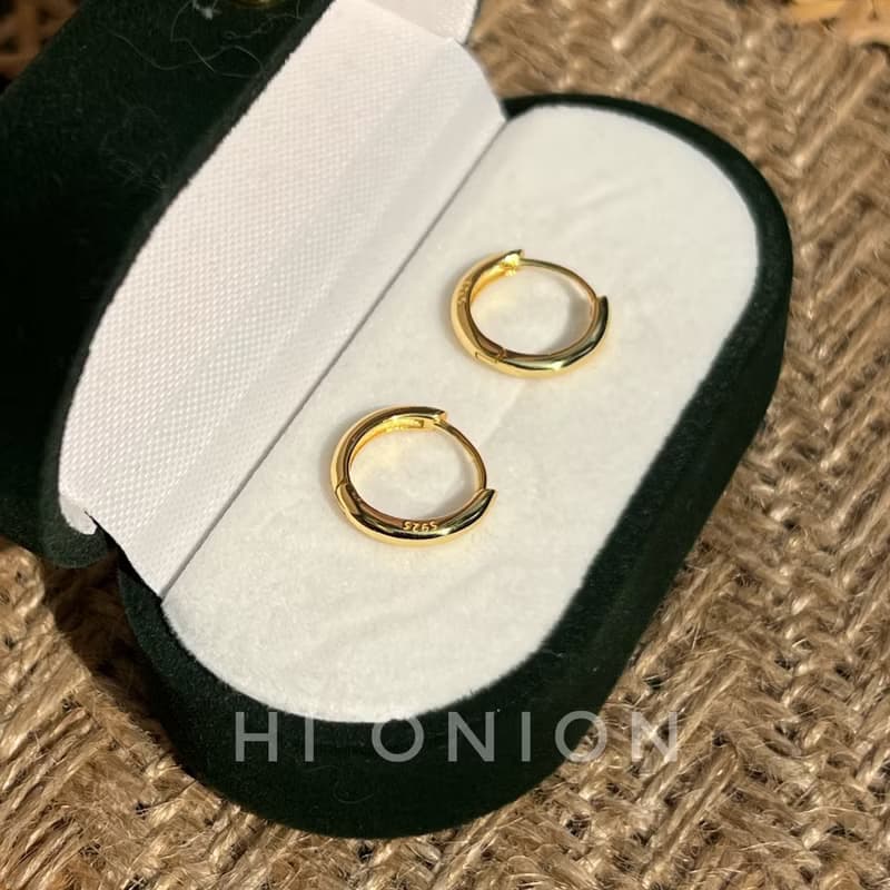 Hi Onion法式經典復古時尚S925銀鍍金耳扣簡約素圈耳環高級感