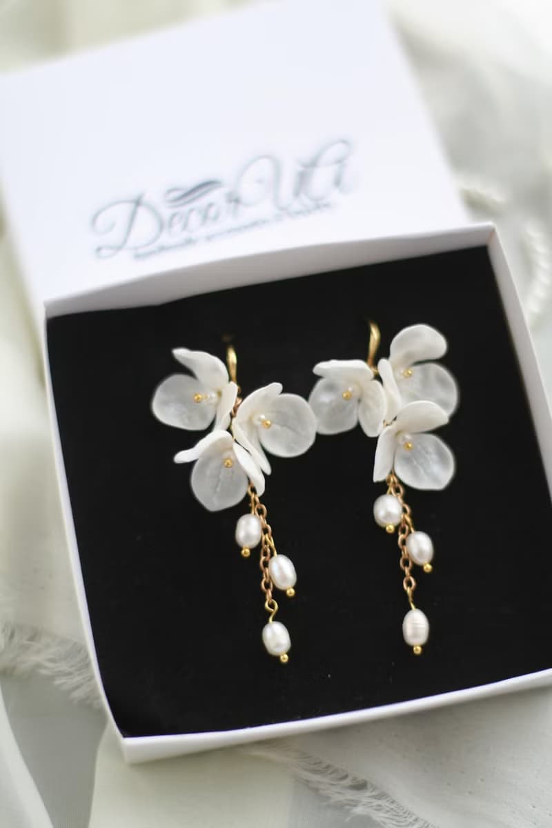 Floral Bridal Earrings Long Pearl Earrings Flower Clip-on Earrings