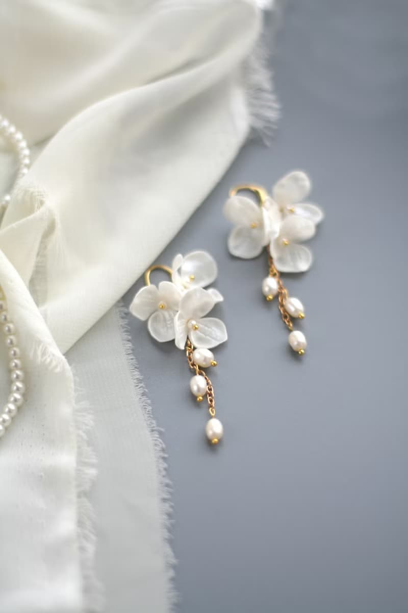 Floral Bridal Earrings Long Pearl Earrings Flower Clip-on Earrings