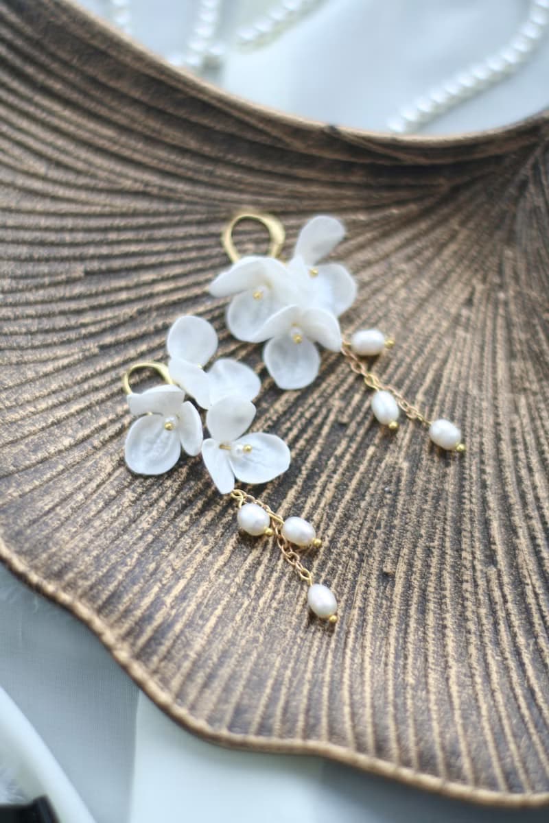 Floral Bridal Earrings Long Pearl Earrings Flower Clip-on Earrings