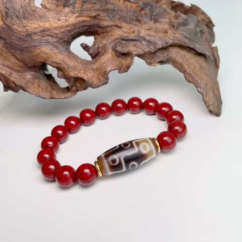 強力擋煞-九眼天珠礦體硃砂手鍊