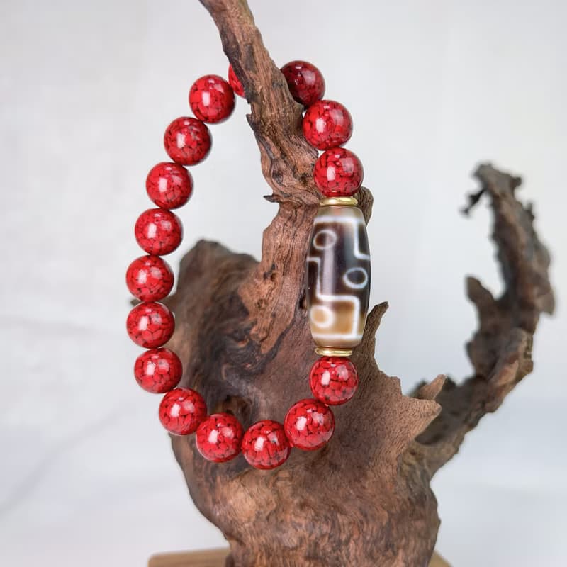 強力擋煞-九眼天珠礦體硃砂手鍊