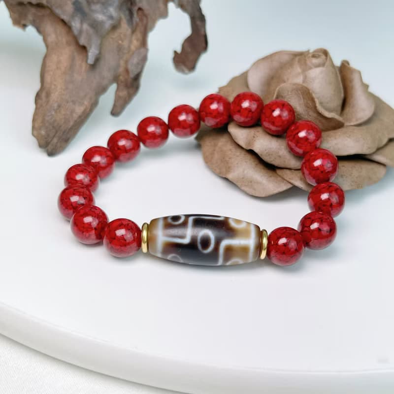 強力擋煞-九眼天珠礦體硃砂手鍊