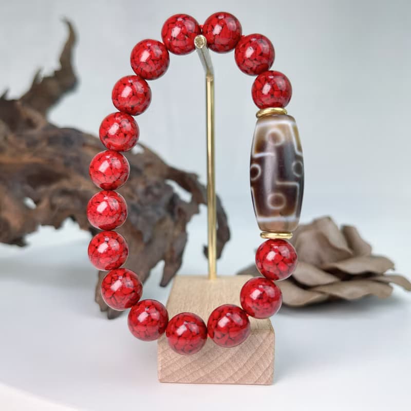 強力擋煞-九眼天珠礦體硃砂手鍊