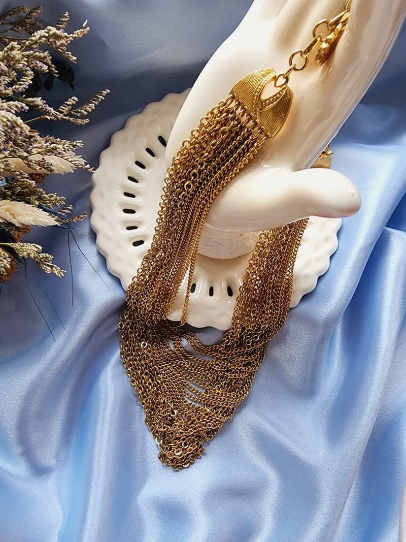 美國西洋古董飾品/ 霧金刷紋衣領扣多鍊瀑布摩登項鍊/復古首飾