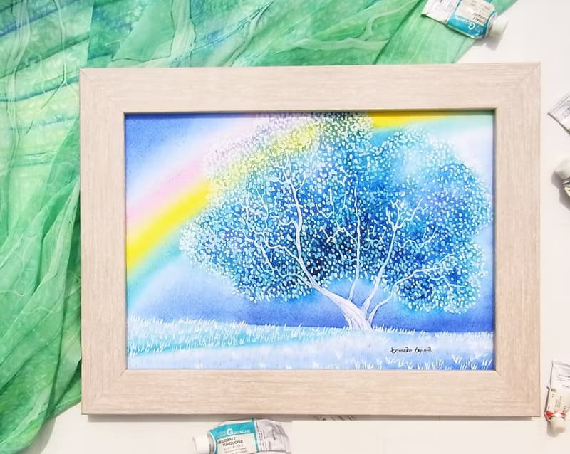 【rainbow colored tree】水彩画ストール　スカーフ　ショール　青空　雨上がり　ブルー　男性への贈り物　母の日　誕生日