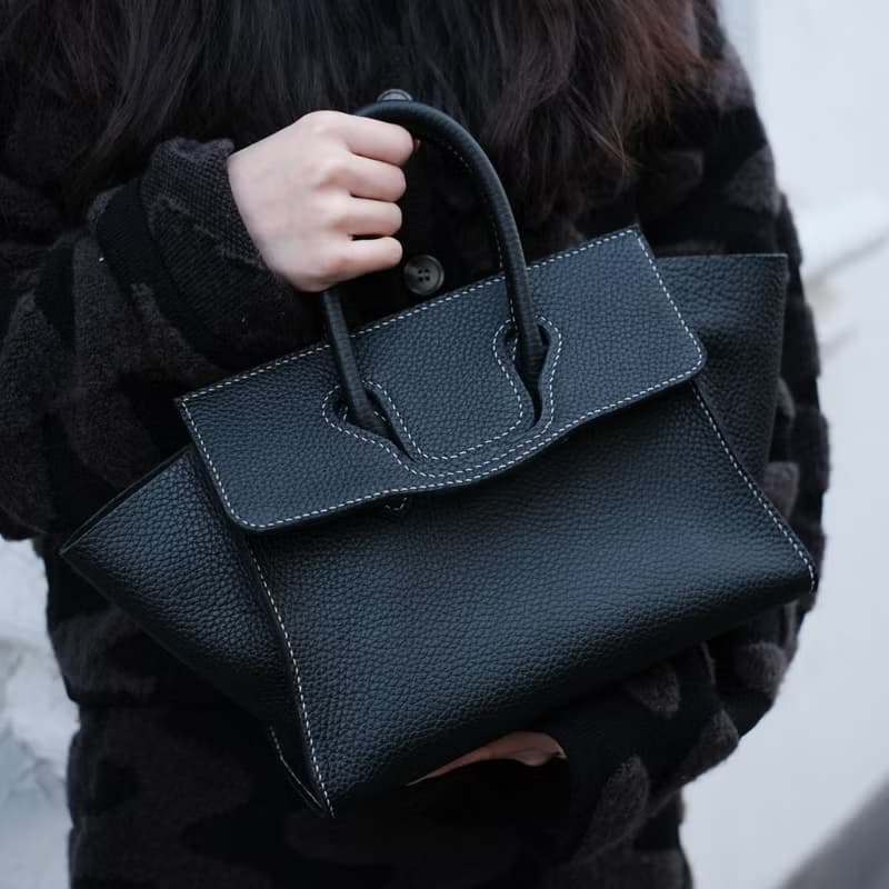 灰色荔枝紋牛皮包包 真皮手縫牛皮包包