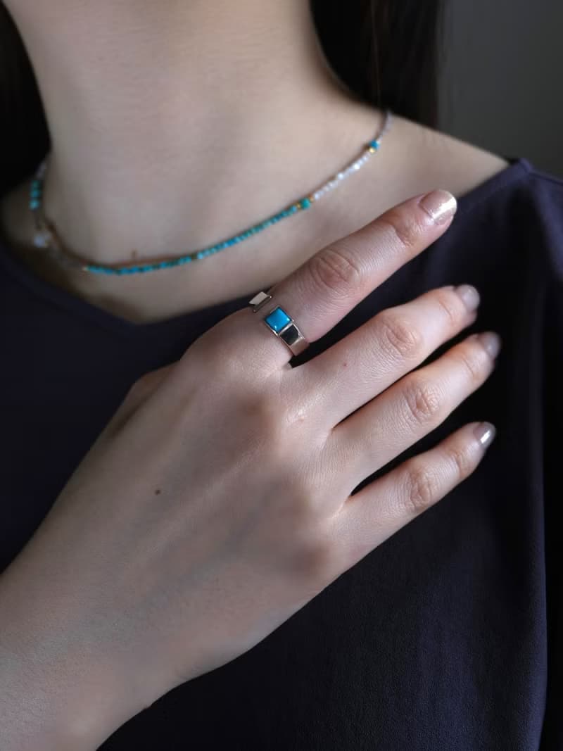 Turquoise square open ring ターコイズスクエアオープンリング　天然石　シルバー