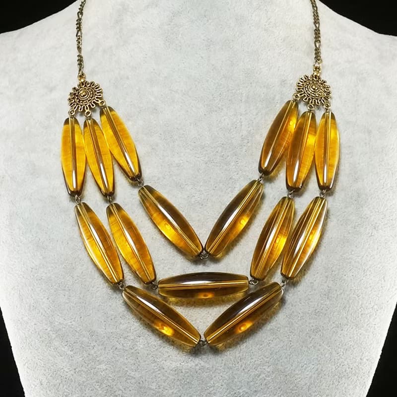 Yellow Glass Necklace Czech Glass Large Beaded Three Strand Necklace Jewelry