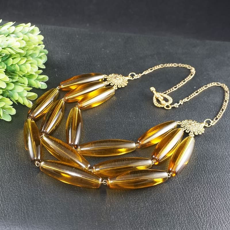 Yellow Glass Necklace Czech Glass Large Beaded Three Strand Necklace Jewelry