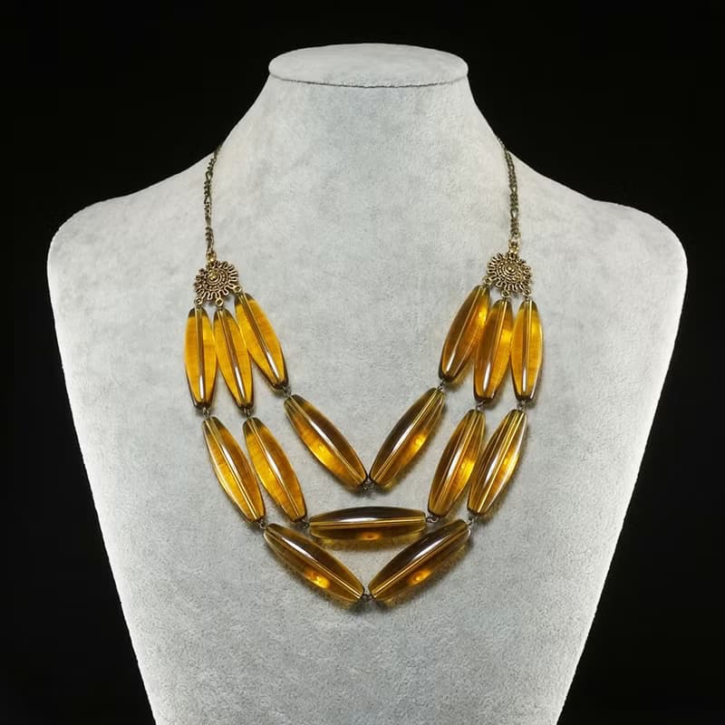 Yellow Glass Necklace Czech Glass Large Beaded Three Strand Necklace Jewelry